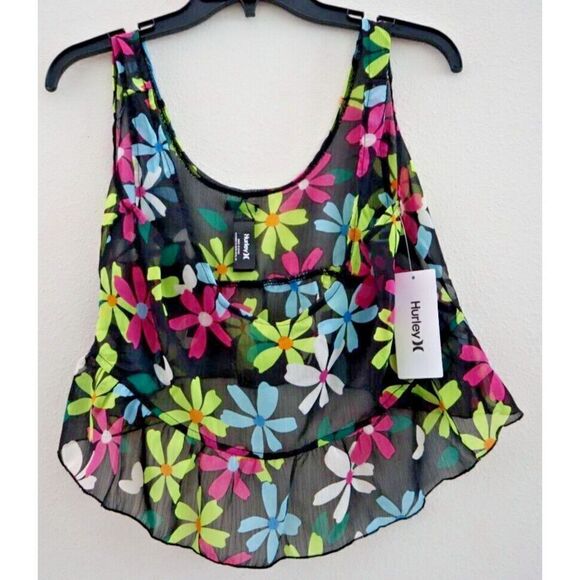 Hurley HC0169 Women's Sz Small Pink Punch Sheer Daisy Pop Flounce Tank Top - Picture 4 of 5